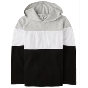 Color-blocked hoodie with gray, white, and black sections and long sleeves.