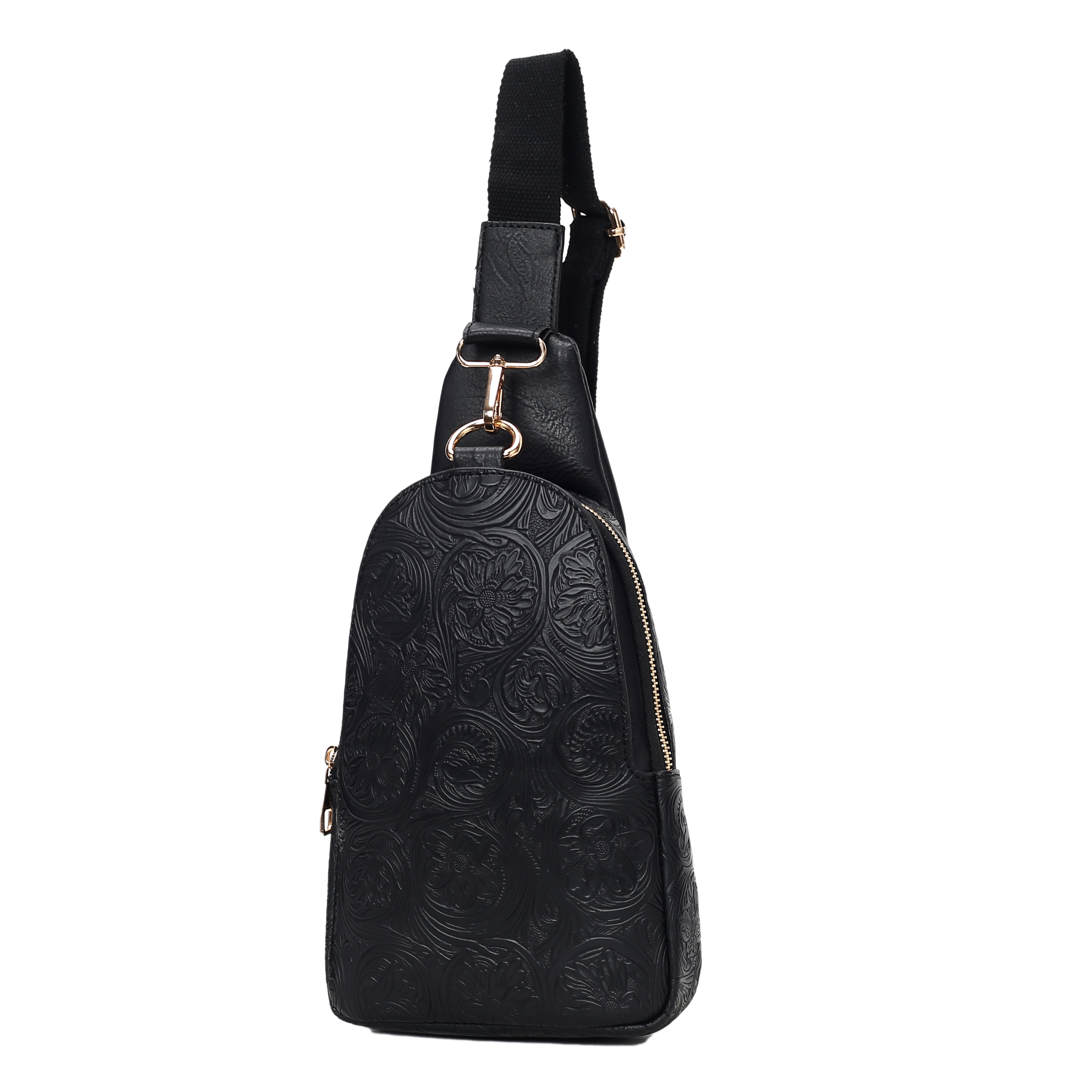 A black crossbody sling bag with embossed floral patterns and gold-tone hardware, featuring a single adjustable strap and a side zipper.