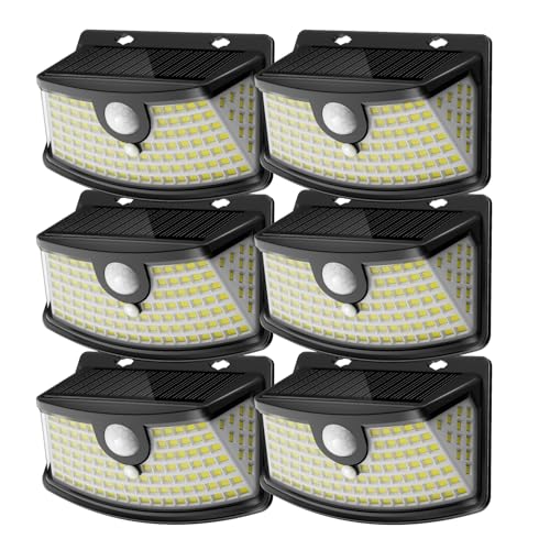 Set of six outdoor solar wall lights with motion sensors, featuring a grid of LED lights for wide-angle illumination.