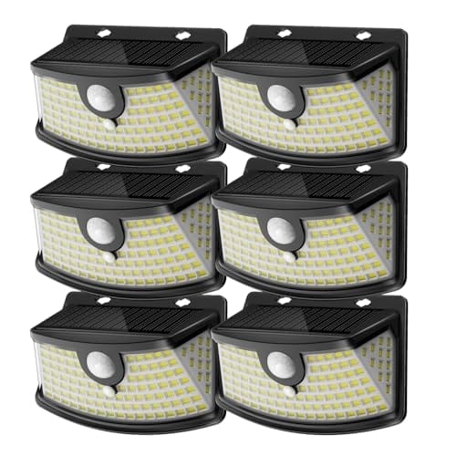 Set of six outdoor solar wall lights with motion sensors, featuring a grid of LED lights for wide-angle illumination.