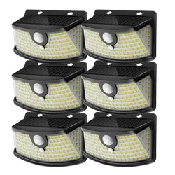 Set of six outdoor solar wall lights with motion sensors, featuring a grid of LED lights for wide-angle illumination.