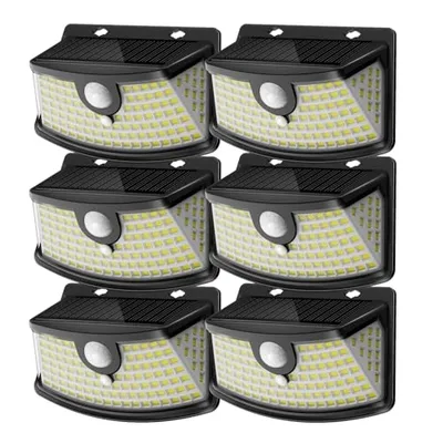 Set of six outdoor solar wall lights with motion sensors, featuring a grid of LED lights for wide-angle illumination.