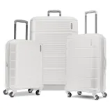 A set of three white hard-shell suitcases with telescopic handles and four multi-directional wheels.