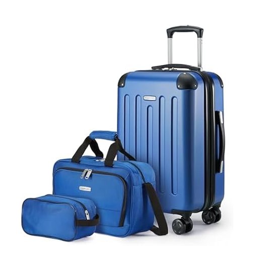 A three-piece blue luggage set includes a hard-shell suitcase with spinner wheels, a medium-sized duffel bag, and a small toiletry bag, all matching in color and design.