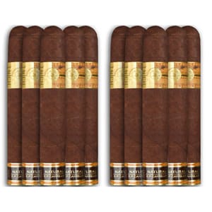A bundle of 10 E.P. Carrillo cigars, each with a rich brown wrapper and decorative gold and black bands labeled \“Natural.\“