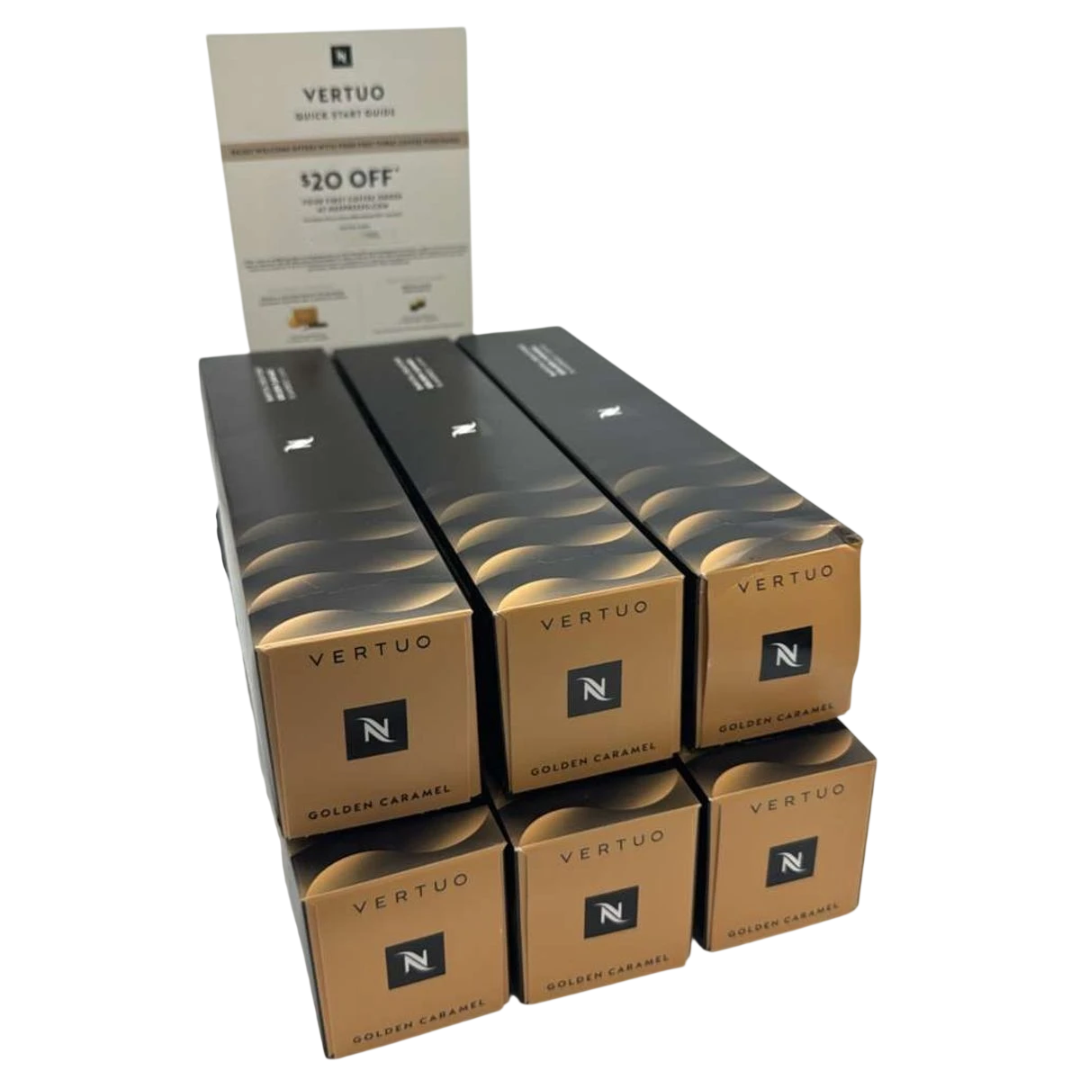 Nespresso Vertuo Golden Caramel coffee capsules are shown stacked next to a quick start guide and a $20 off offer.