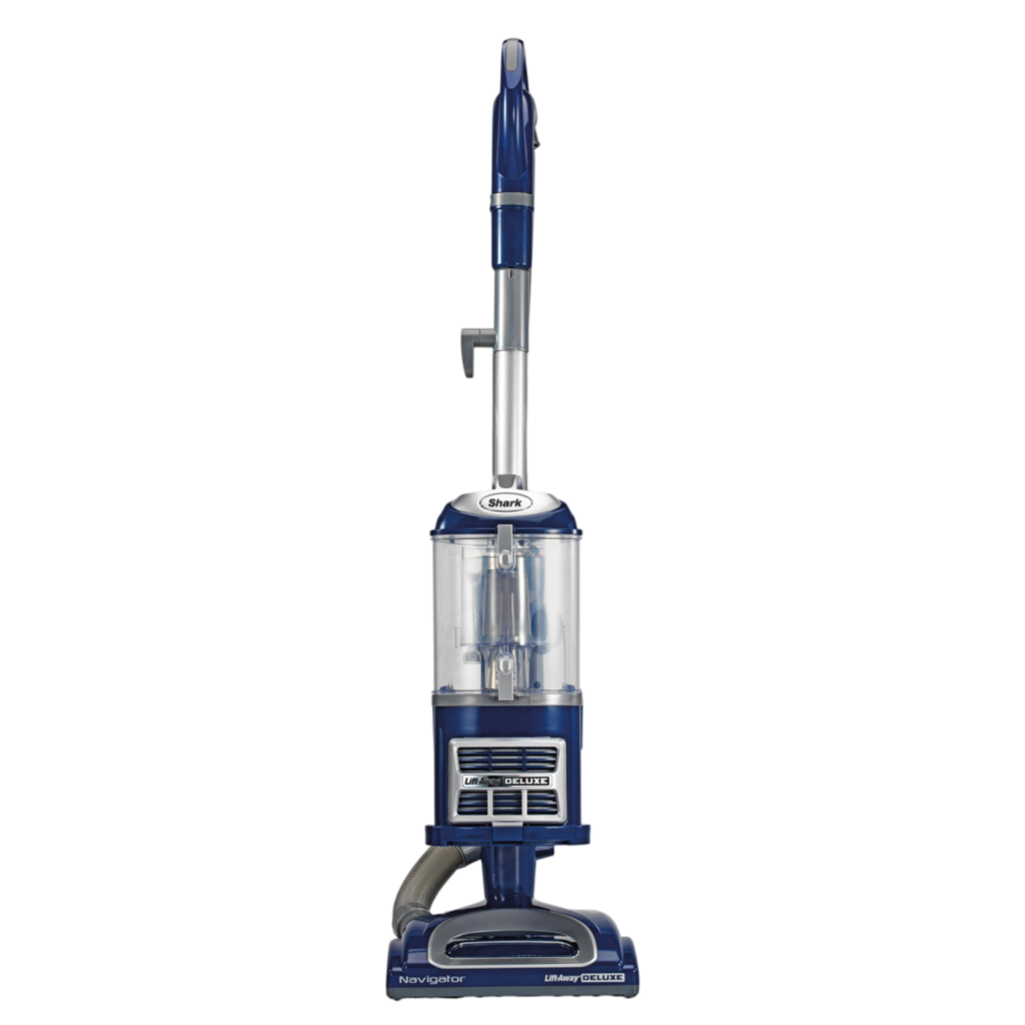 Shark Navigator Lift-Away Deluxe vacuum cleaner in blue, featuring a detachable canister for portable cleaning and swivel steering for easy maneuverability.
