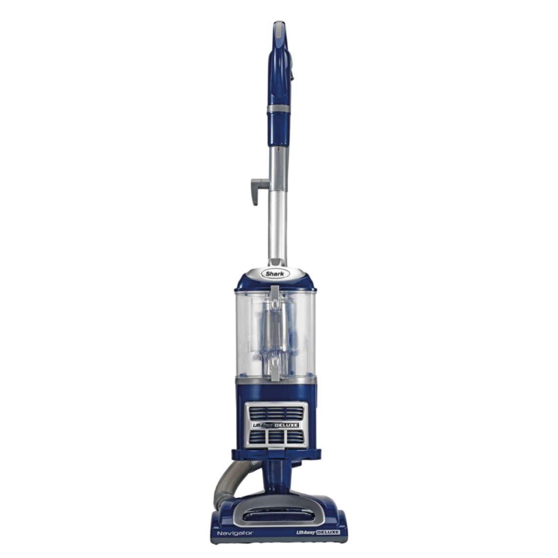Shark Navigator Lift-Away Deluxe vacuum cleaner in blue, featuring a detachable canister for portable cleaning and swivel steering for easy maneuverability.