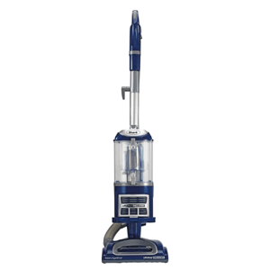 Shark Navigator Lift-Away Deluxe vacuum cleaner in blue, featuring a detachable canister for portable cleaning and swivel steering for easy maneuverability.