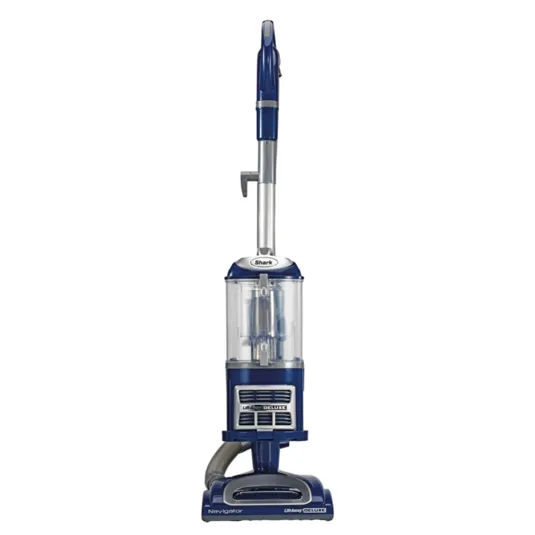 Shark Navigator Lift-Away Deluxe vacuum cleaner in blue, featuring a detachable canister for portable cleaning and swivel steering for easy maneuverability.