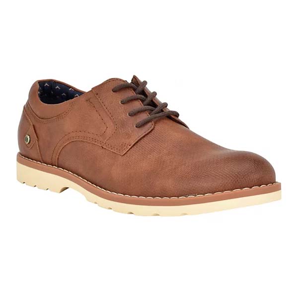 A brown leather lace-up shoe with a textured finish and a cream-colored sole.