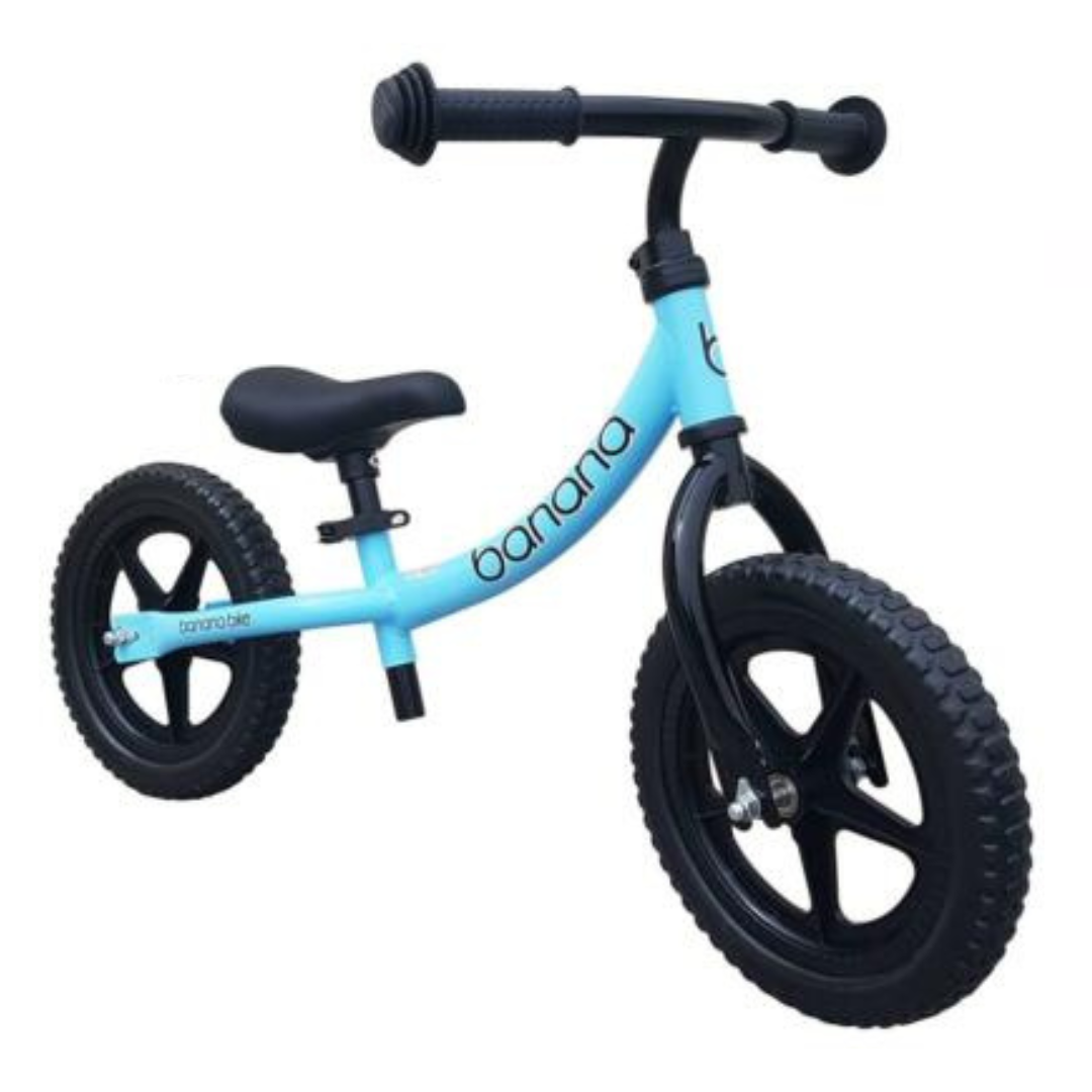 The Banana Toddler Balance Bike is a blue, pedal-free bike with black wheels and handlebar grips, designed for young children to develop balance. It's lightweight and features adjustable handlebars and seat.