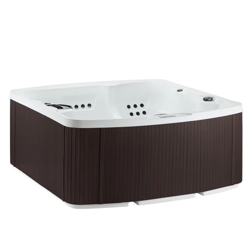 The Lifesmart Leganza Hot Tub is a square, four-person spa featuring a white interior and a brown, textured exterior. It includes multiple jets and a control panel for customizable water settings.