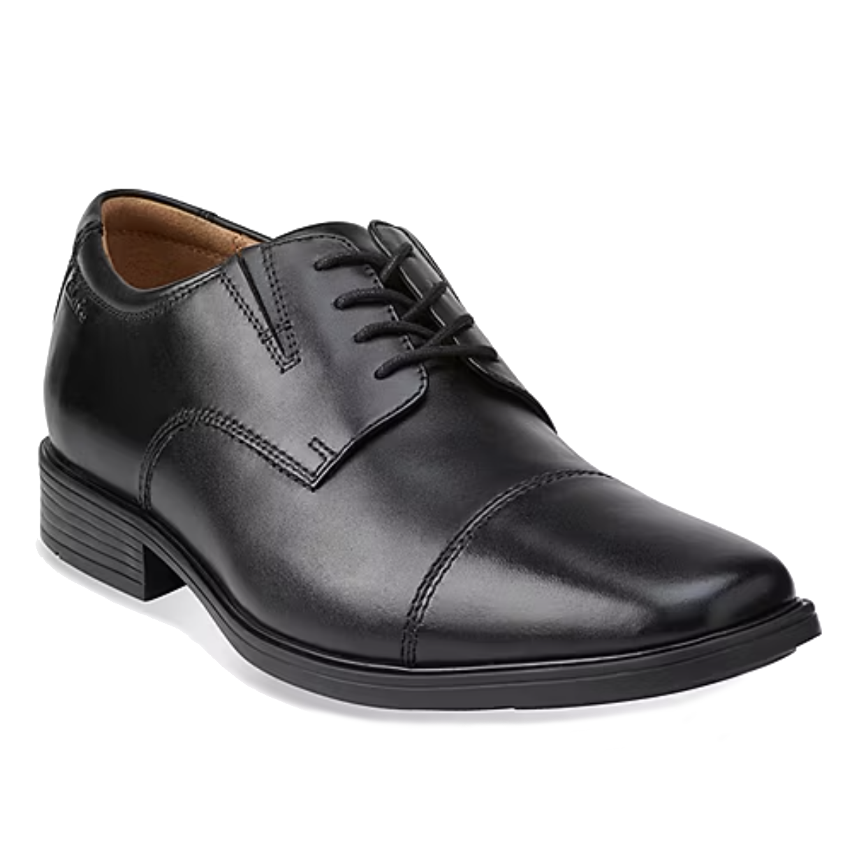 A black leather dress shoe with cap-toe design, featuring a lace-up closure and a low stacked heel.