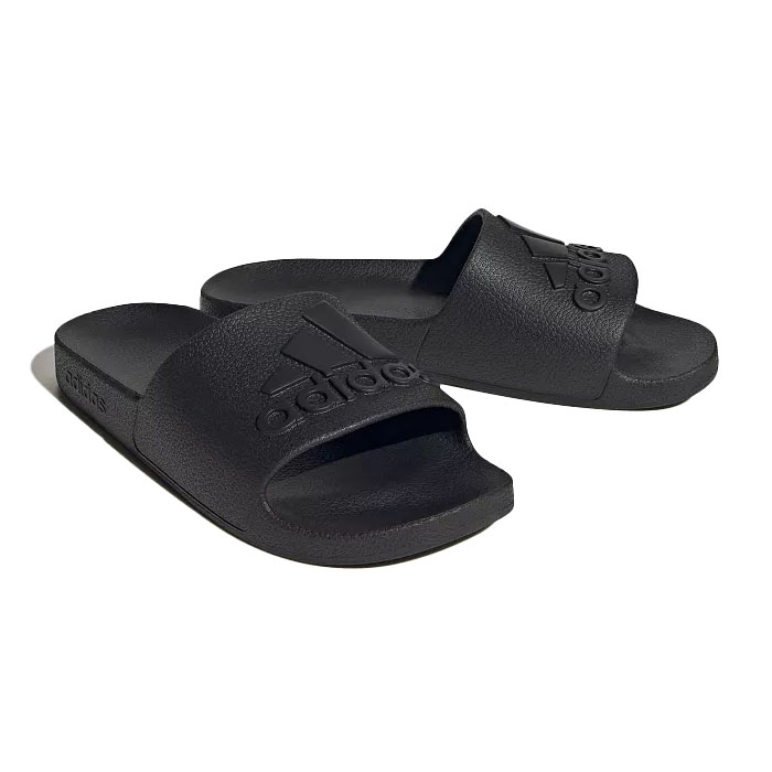 Black Adidas Adilette Aqua Sandals featuring a slip-on design, contoured footbed, and the Adidas logo on the strap.