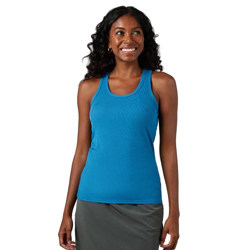 Blue racerback tank top with a fitted design, featuring a scoop neckline. Worn by a model with long curly hair, paired with a dark skirt.