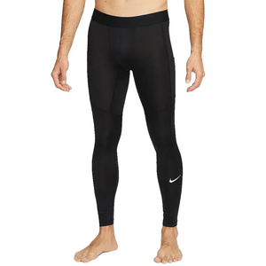 Black athletic compression leggings with a small white Nike logo on the lower left leg, designed for performance and support during workouts.