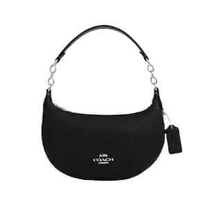 Black Coach handbag with a curved silhouette, silver chain-link strap, and a brand logo on the front.
