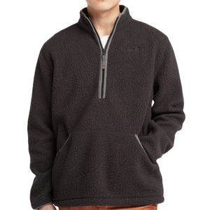 Dark gray half-zip pullover fleece jacket with a soft, textured high-pile fabric and a front kangaroo pocket; ideal for warmth and casual wear.
