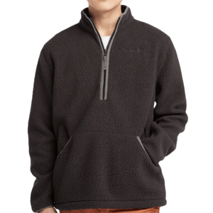 Dark gray half-zip pullover fleece jacket with a soft, textured high-pile fabric and a front kangaroo pocket; ideal for warmth and casual wear.