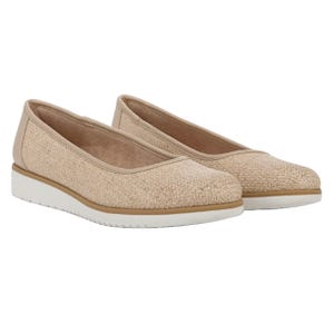 Tan woven ballet flats with a slightly elevated white sole and subtle trim detail around the top edge.