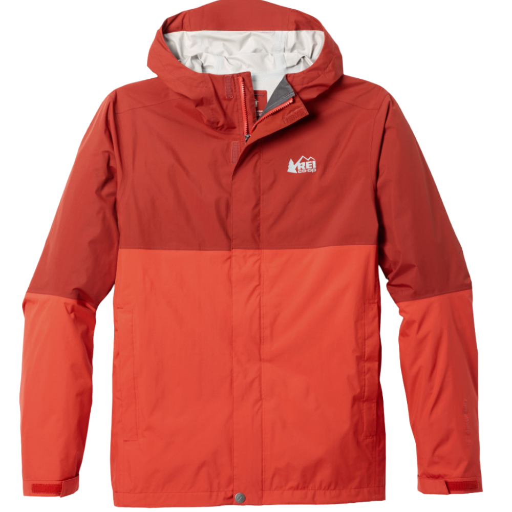 Red and orange two-tone jacket with a hood, featuring the REI Co-op logo on the chest.