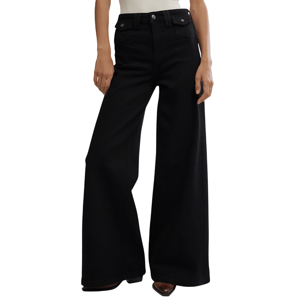 Black wide-leg jeans with a high waist and buttoned front pockets, paired with brown pointed-toe shoes.
