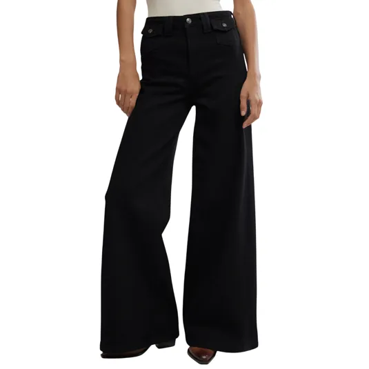 Black wide-leg jeans with a high waist and buttoned front pockets, paired with brown pointed-toe shoes.
