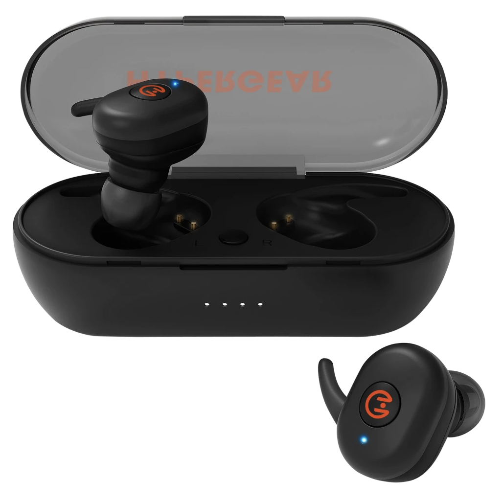 HyperGear Wireless Earbuds are black earbuds with a compact charging case, featuring a visible LED indicator and ear hooks for a secure fit.
