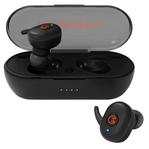 HyperGear Wireless Earbuds are black earbuds with a compact charging case, featuring a visible LED indicator and ear hooks for a secure fit.