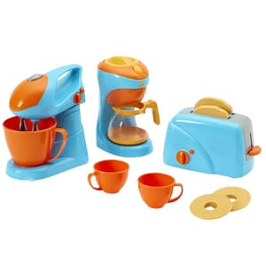 Toy kitchen set with a blue and orange theme, featuring a mixer, coffee maker, toaster with removable toast, and two cups.