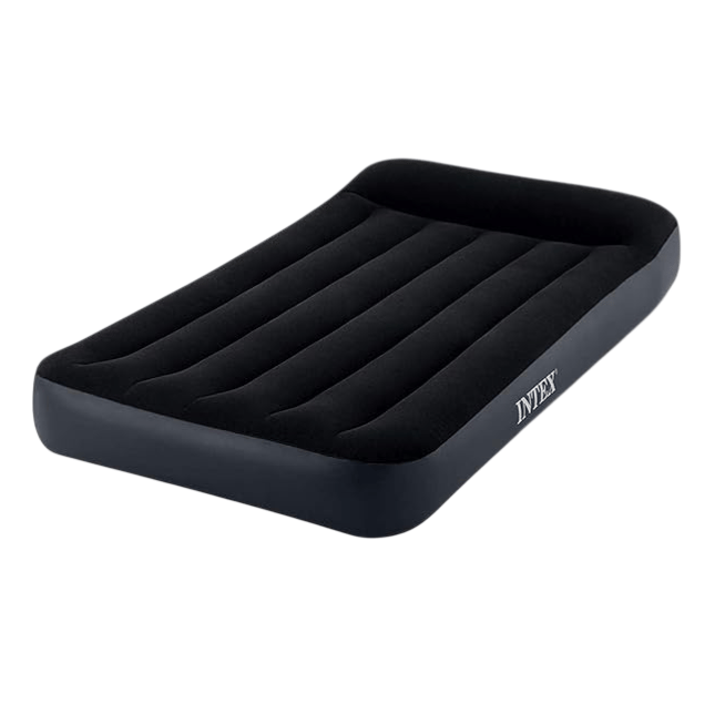 Inflatable air mattress with a built-in pillow, featuring a black surface and raised edges for support. Brand label visible on the side.