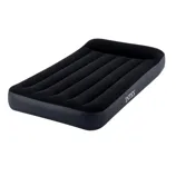 Inflatable air mattress with a built-in pillow, featuring a black surface and raised edges for support. Brand label visible on the side.