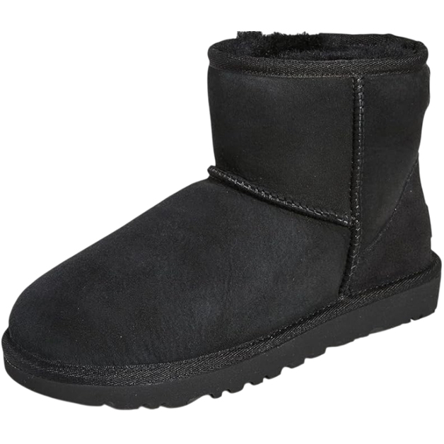 Black suede ankle-high boot with a rounded toe and plush lining, featuring simple stitching and a treaded rubber sole.