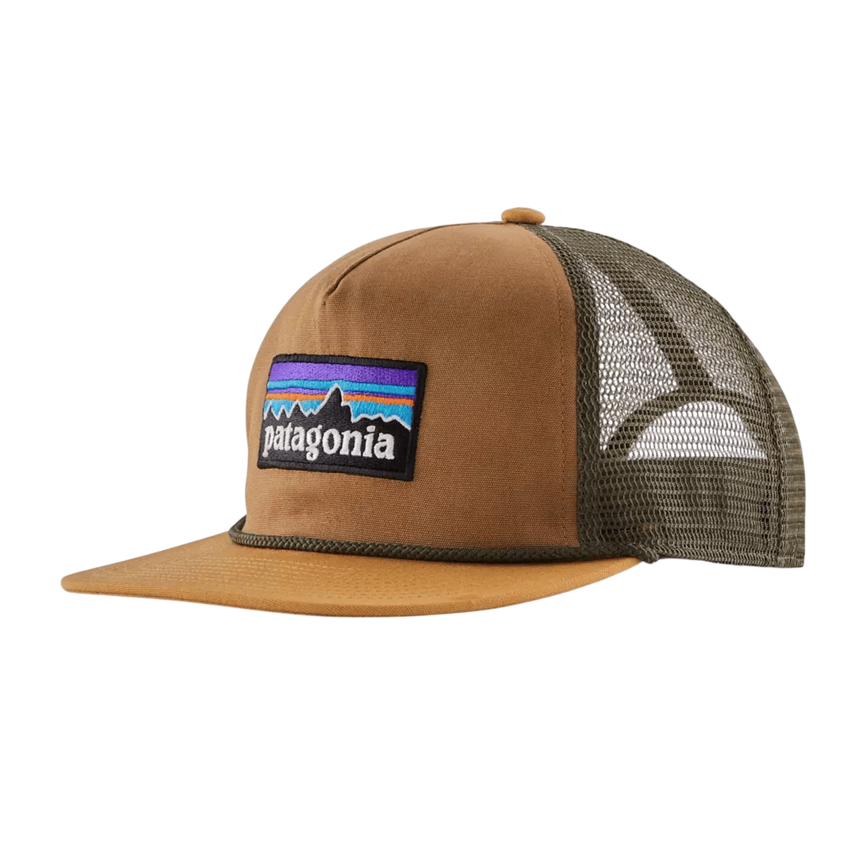 Brown Patagonia trucker hat with a mesh back and colorful mountain logo patch.