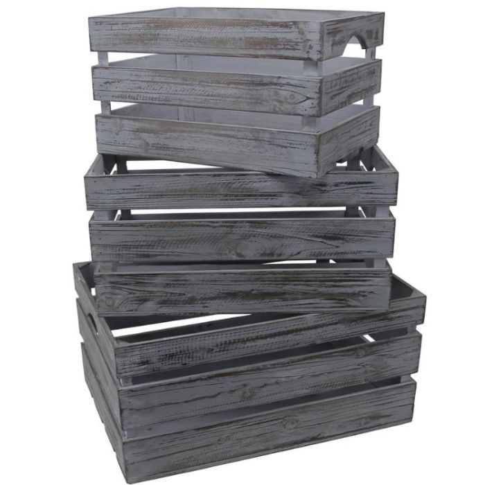 Stack of rustic wooden crates in a weathered gray finish, featuring slatted sides and handles for easy carrying.
