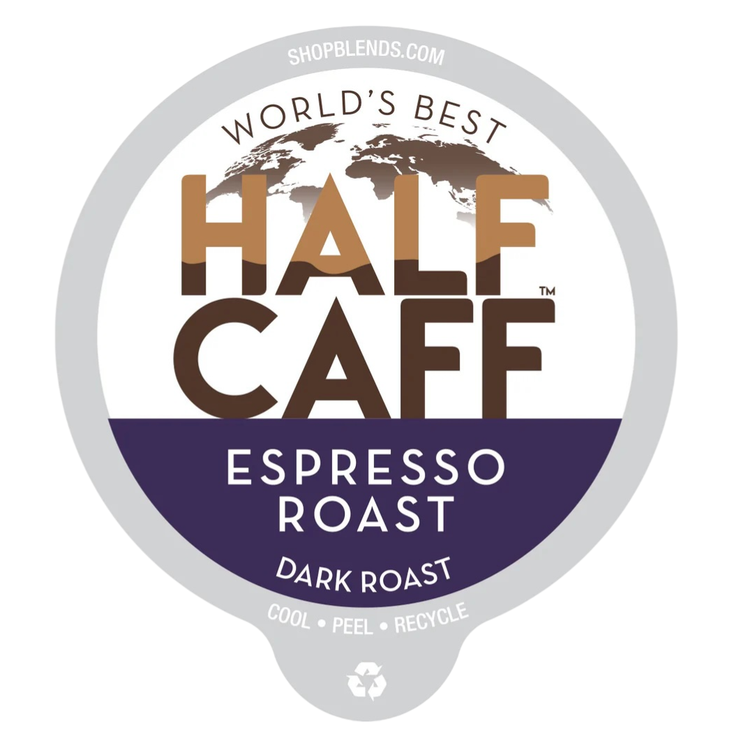 Half Caff Espresso Roast, a dark roast blend, is featured with \“World's Best\“ branding. The label highlights its recyclability with \“Cool, Peel, Recycle.\“