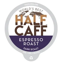 Half Caff Espresso Roast, a dark roast blend, is featured with \“World's Best\“ branding. The label highlights its recyclability with \“Cool, Peel, Recycle.\“