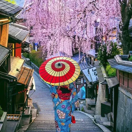 A person in a colorful kimono walks down a traditional Japanese street under cherry blossoms, holding a red and yellow parasol.