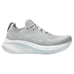 ASICS Gel-Nimbus 26 Running Shoes feature a light grey design with a breathable mesh upper, accented by the signature ASICS stripes. They have a cushioned, thick white sole with FF Blast and PureGEL technology for comfort and support.