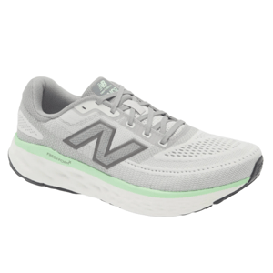 A New Balance running shoe in light gray with mint green accents and a white sole, featuring a mesh upper and the Fresh Foam logo.