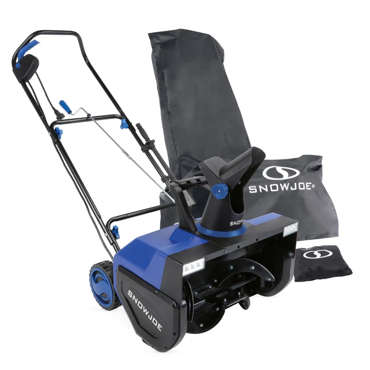 Snow Joe 22\“ blower with a protective cover, featuring a blue and black design, an adjustable chute, and sturdy wheels for maneuverability. Includes a storage bag with the Snow Joe logo.