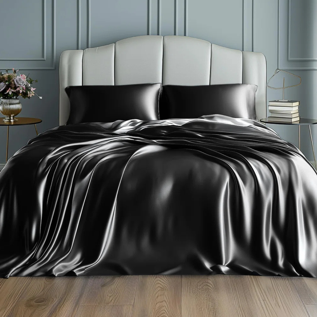 A luxurious black satin bedding set featuring a comforter and pillows on a white upholstered headboard. The scene includes a side table with books and a vase of flowers.