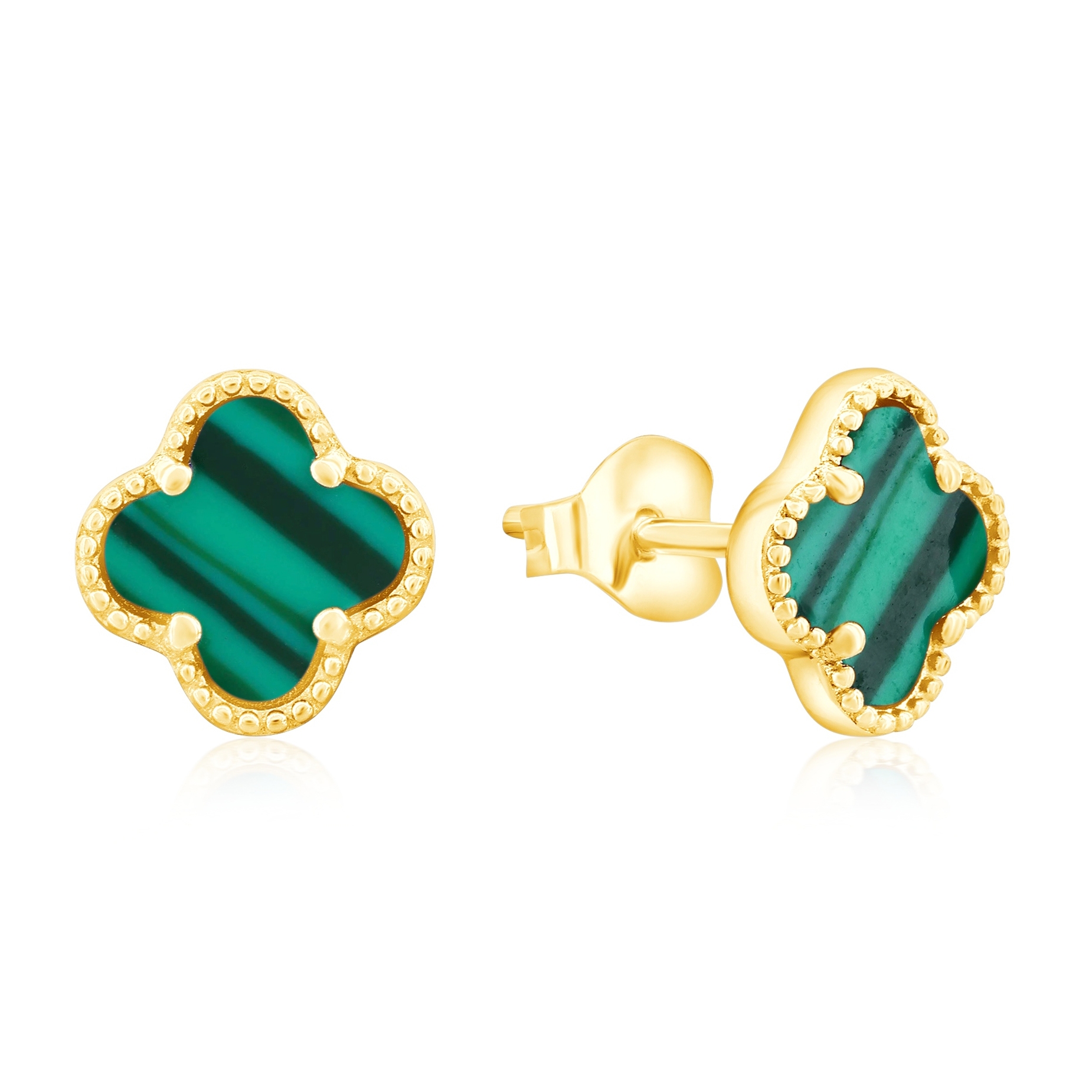 Gold stud earrings feature a clover shape with malachite inlay, surrounded by a beaded gold design.