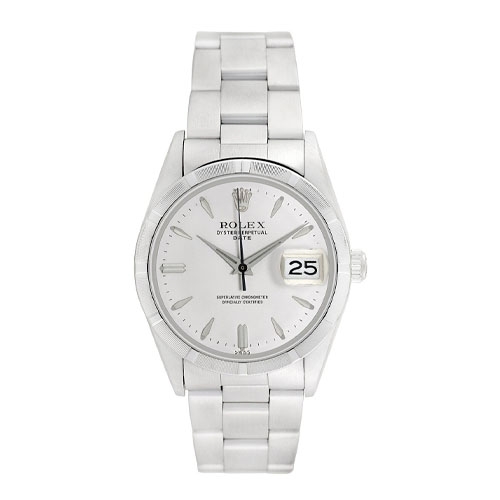 A classic Rolex Date watch from the 1960s featuring a stainless steel case and bracelet, silver dial, and date display at 3 o'clock.