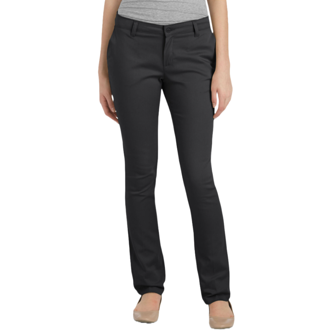 Dickies Juniors' Classic Pants are slim-fit, black work slacks with front pockets, belt loops, and a button closure, designed for a professional appearance.