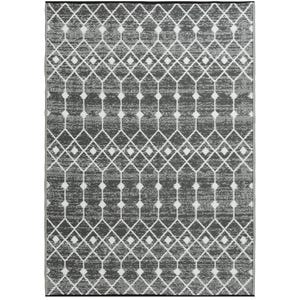 A gray and white patterned area rug.
