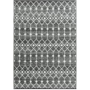 A gray and white patterned area rug.