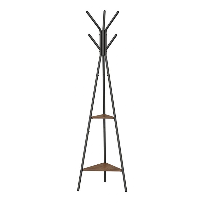 A black metal coat rack with a triangular design features multiple hooks at the top for hanging items and two triangular wooden shelves for extra storage.