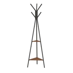 A black metal coat rack with a triangular design features multiple hooks at the top for hanging items and two triangular wooden shelves for extra storage.